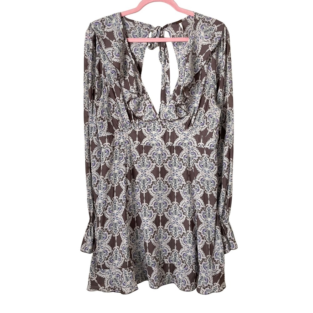 Free People Dress Womens Large Brown Purple Mini Damask Paisley Ruffle Open Back
